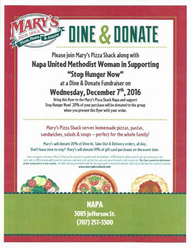 UMW's Dine and Donate Fundraiser Tomorrow! - Napa Methodist Church